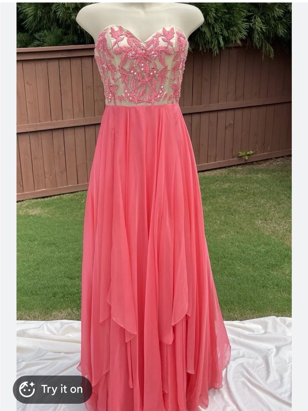 Sherri Hill Coral Chiffon Dress with Illusion Bodice
